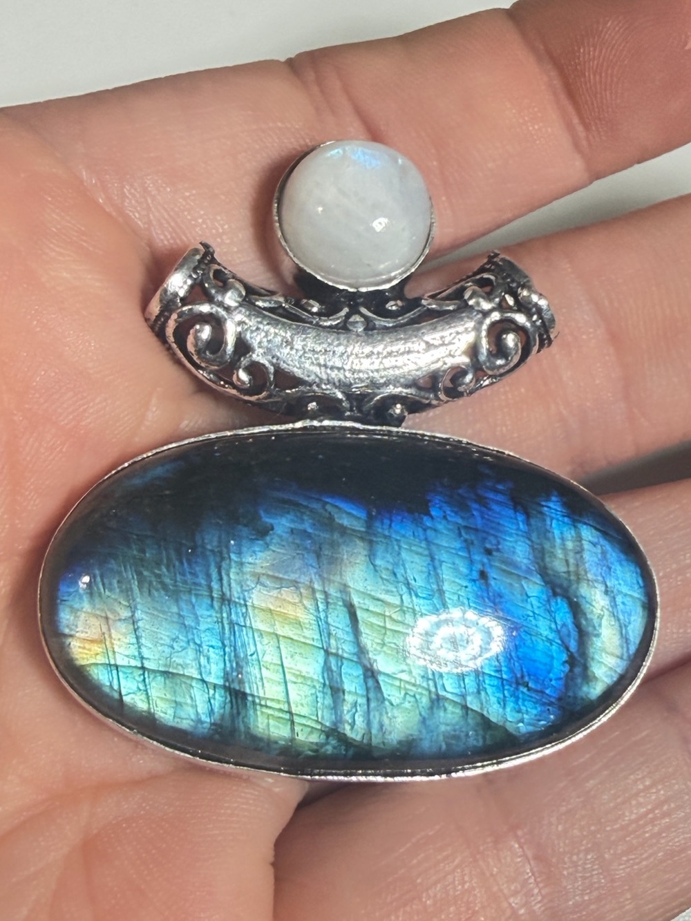 Labradorite and Moonstone Pendant Teal Blue Flash Natural Gemstone Artisan OOAK